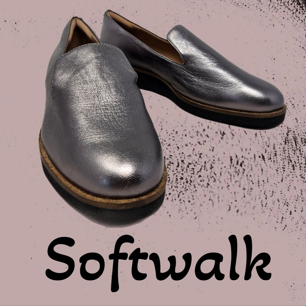 Softwalk Westport Womens Loafers Sz 8W Gray Metallic Slight Wedge Casual Comfort